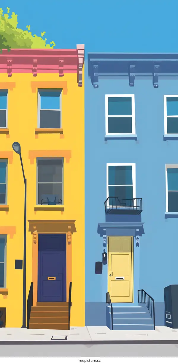 Colorful Townhouses with Windows and Doors in a Sunny Day