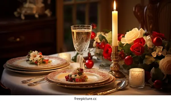 A romantic dinner table with a candle, flowers, and wine