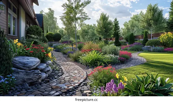 Colorful Garden with Cobblestone Path and Lush Greenery