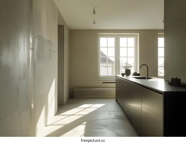 Modern Kitchen with Concrete Wall and Sunlight