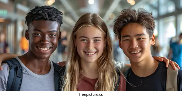 Multiethnic group of happy teenage friends posing together at school