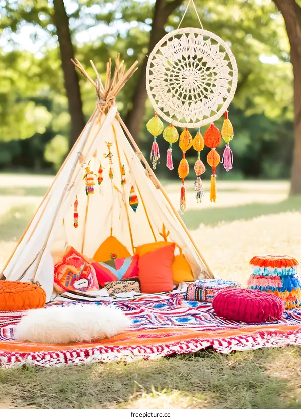 Bohemian Style Teepee Tent Outdoor Decor with Dreamcatcher