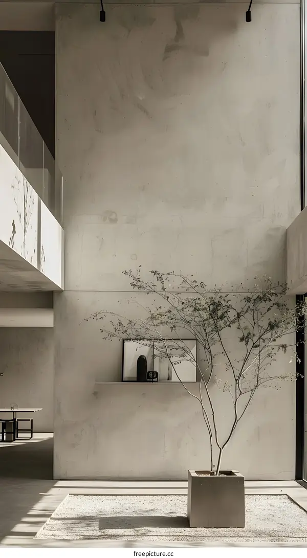 Minimalist Concrete Interior Design with a Plant in a Pot