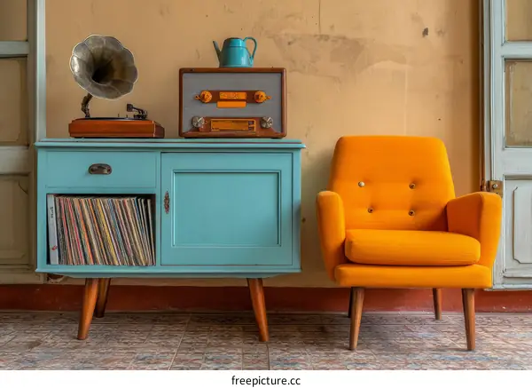 Vintage Living Room with Record Player and Chair
