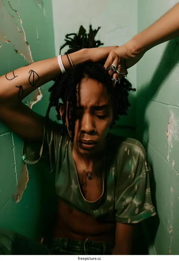 Sad Woman With Dreadlocks Sitting In A Corner