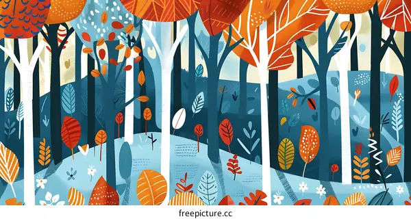 Illustrated Autumn Forest Scene with Colorful Leaves