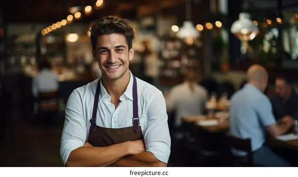 Portrait of a smiling young male waiter in a restaurant