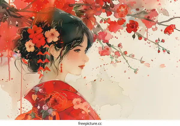 An illustration of a beautiful woman in a red kimono with cherry blossoms in her hair