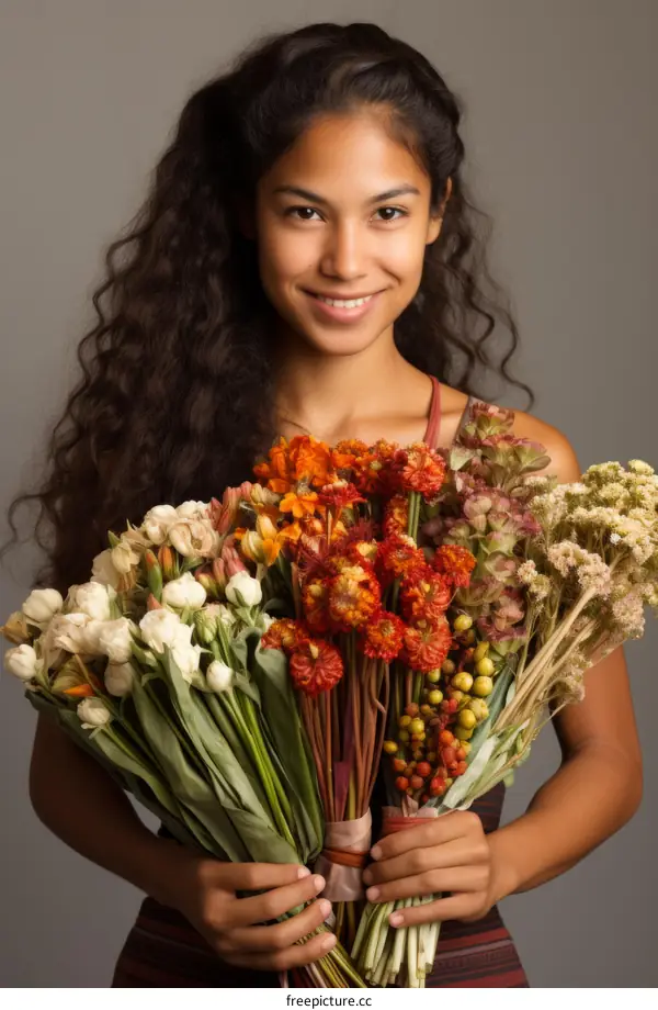 Portrait of a smiling young woman holding a bouquet of flowers