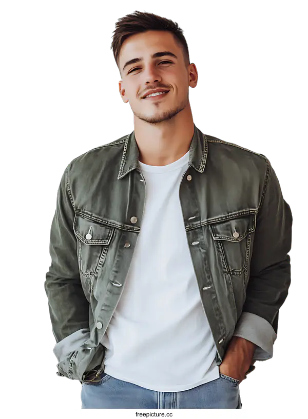 [Transparent Background PNG]Young Man in Denim Jacket and T-Shirt