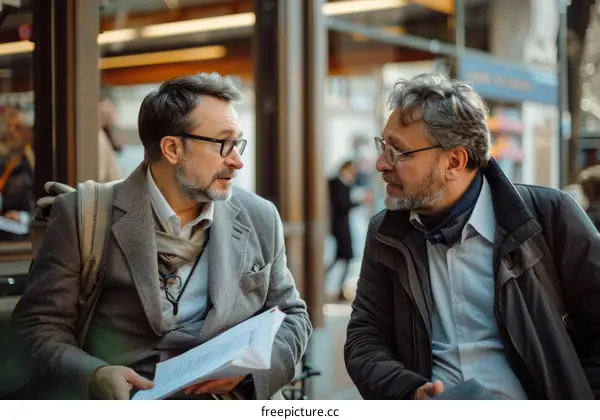 Two men are talking on a bench