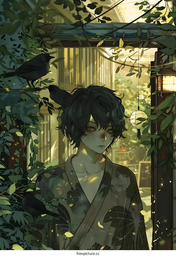 Anime Boy in Kimono Standing in a Green Garden