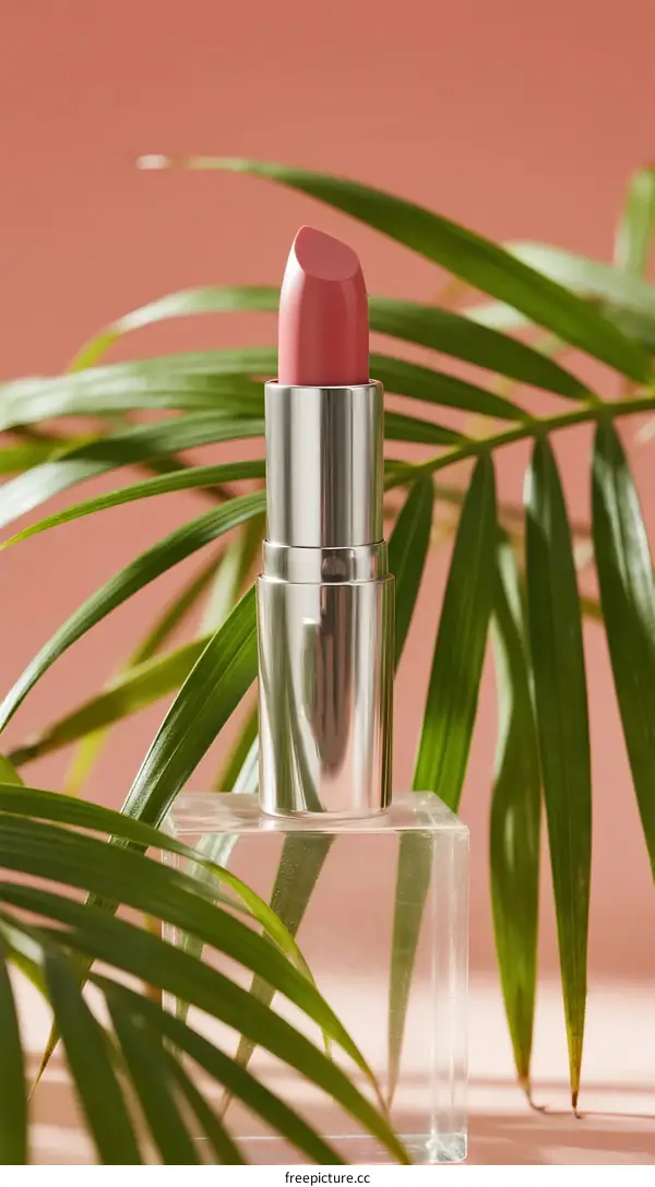 Pink lipstick with green palm leaves on soft pink background