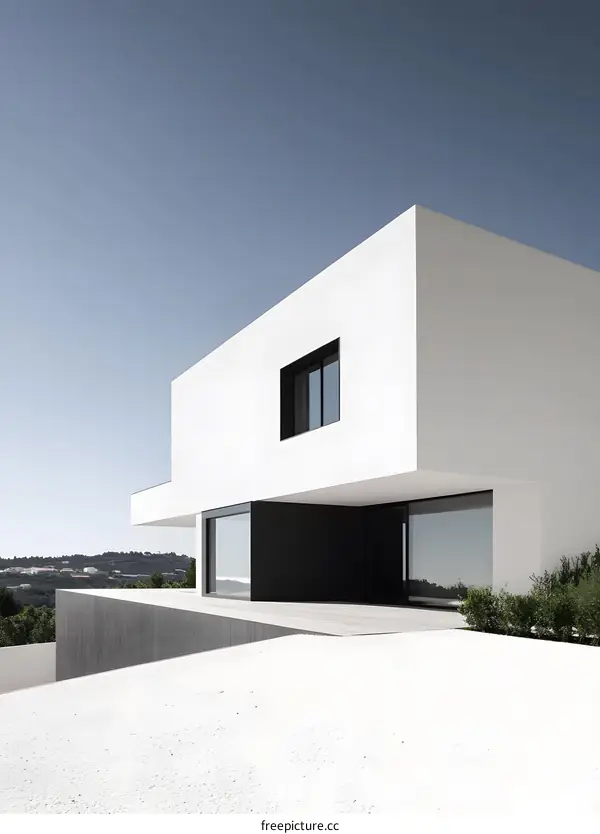 Modern White House with Minimalist Design and a View of the Green Hills