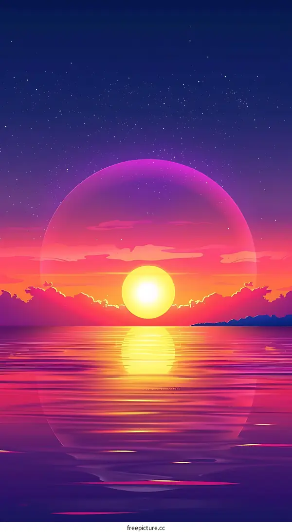 Sunset Over the Ocean with Stars in the Sky