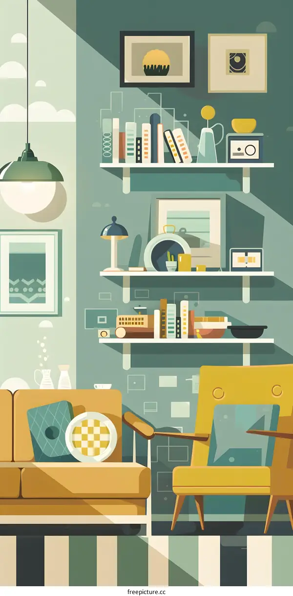 Retro Living Room with Bookshelves and  Yellow Armchair