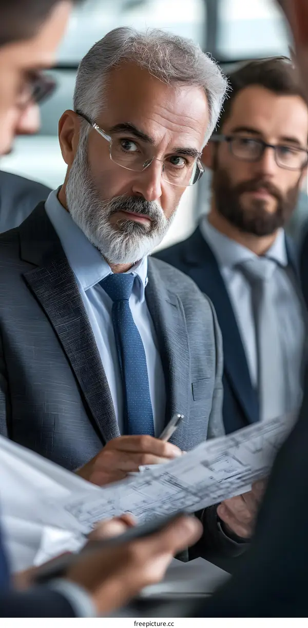 Businessman Reviewing Documents with Team in Office