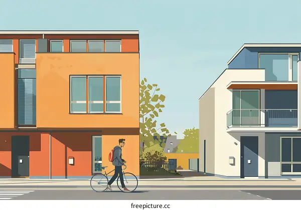 Man walking with bicycle near modern houses