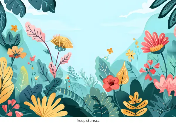 Floral Pattern with Bright Colors and Lush Green Leaves