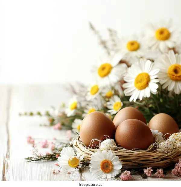 Easter Eggs Nest with Flowers Background