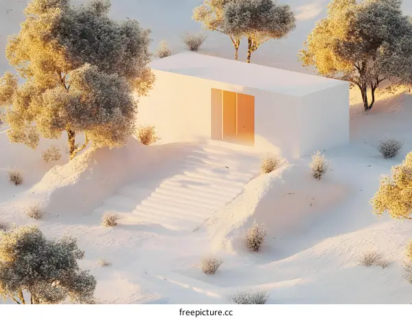 Minimalist White House with Steps and Trees in Snowy Landscape