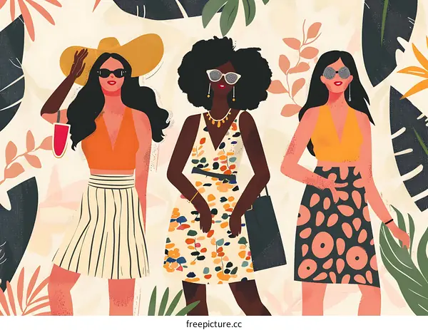 Three Women In Summer Dresses With Sunglasses And Hats