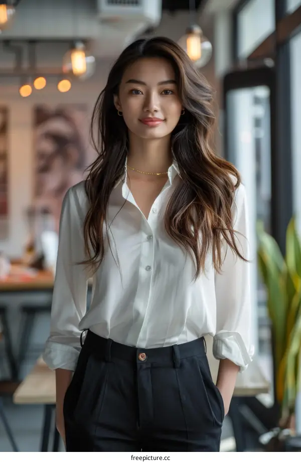 Portrait of a young Asian woman standing in a modern office