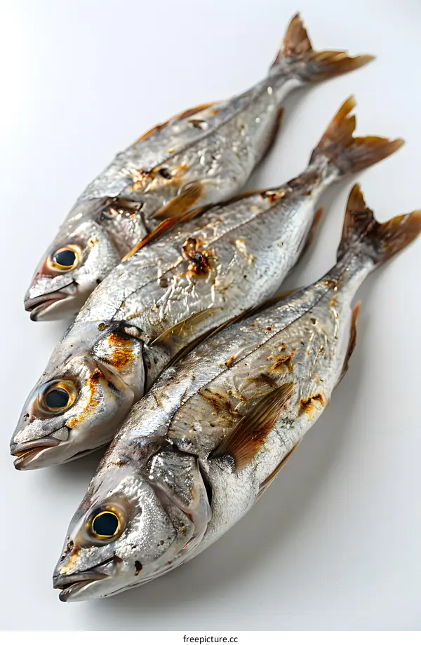Three Grilled Fish on White Background