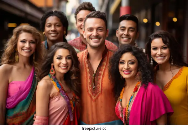 A group of people of different ethnicities are smiling and posing for a photo