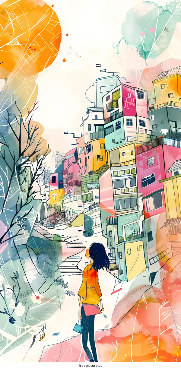 Woman Looking at Colorful Buildings in Watercolor Illustration