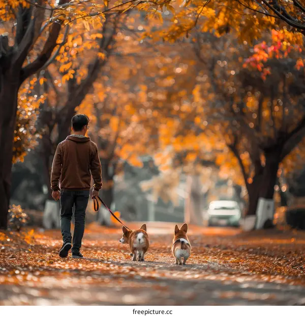 Man walking two corgis in an Autumn park