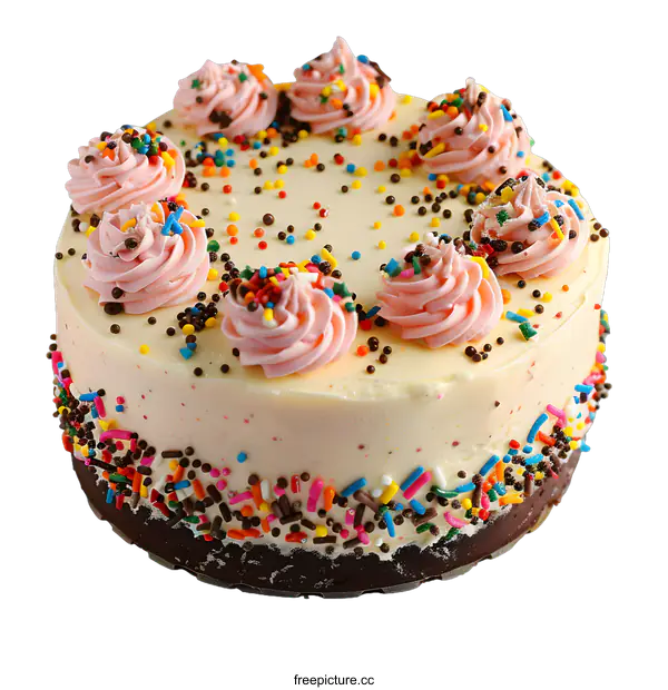 [Transparent Background PNG]Delicious Vanilla Cake with Pink Frosting and Sprinkles