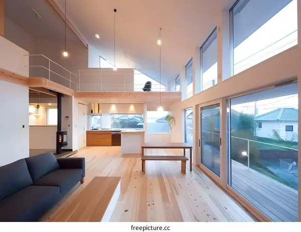 Modern Open Concept Home Interior Design with Wooden Floors and Large Windows