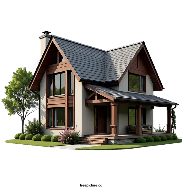 [Transparent Background PNG]Modern House Exterior Illustration with Landscaping