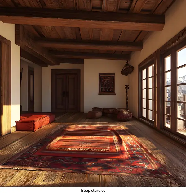 Rustic Interior Design With Wooden Beams And Red Rug