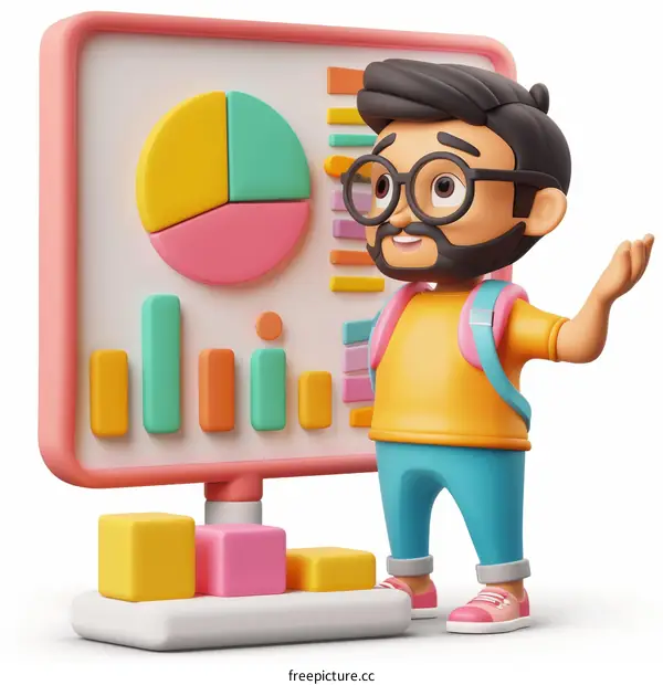 3D cartoon character of a man standing next to a presentation board with graphs and charts