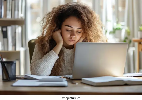 Tired Student Working on Laptop