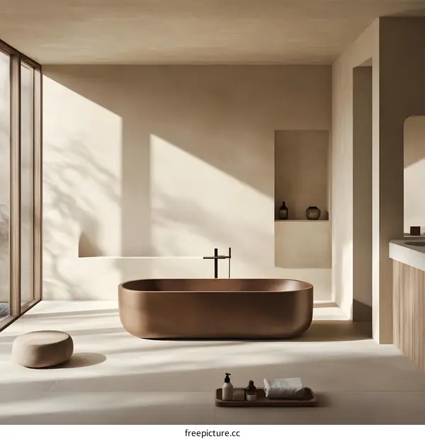 Modern Minimalist Bathroom Interior Design With Bathtub And Sunlight