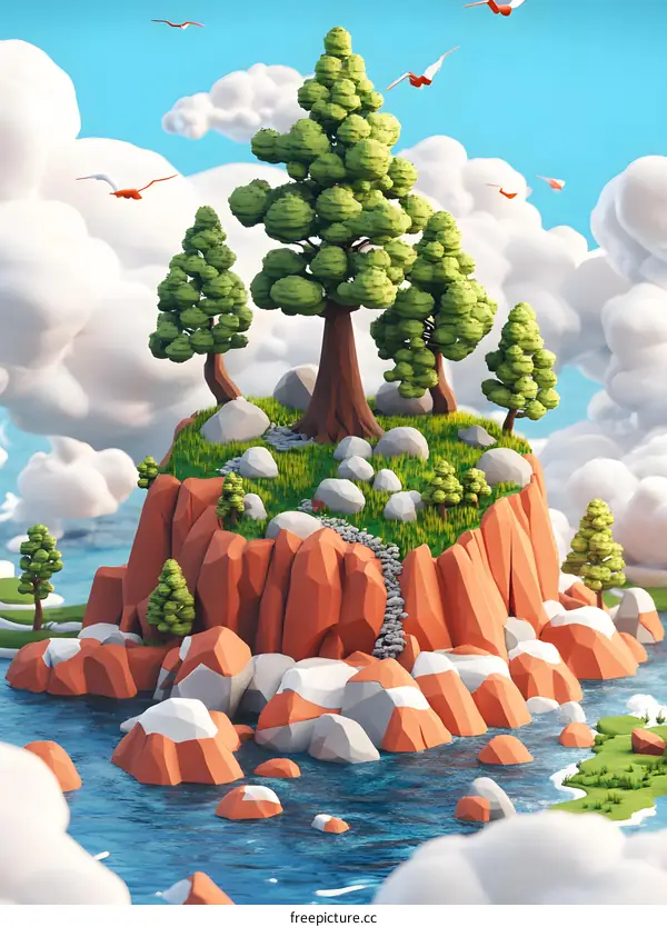 Low Poly 3D Illustration of an Island with Trees and Birds