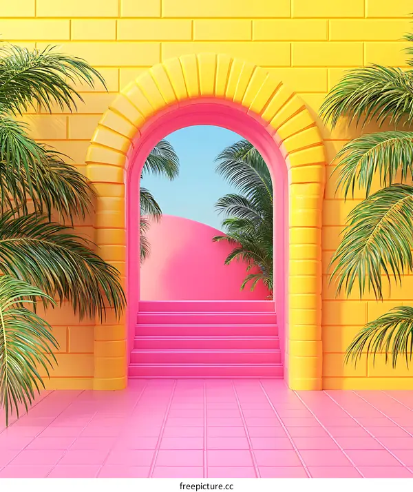 Abstract Yellow Brick Wall with Archway and Pink Stairs