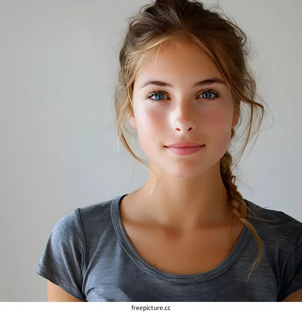 Portrait of a Young Woman with Freckles and Blue Eyes