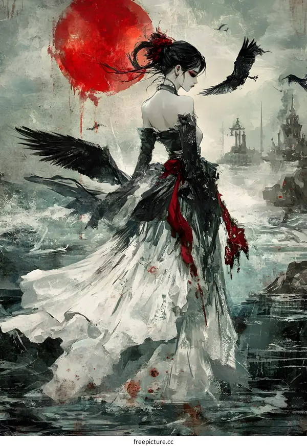 Fantasy Woman with Wings and a Red Moon