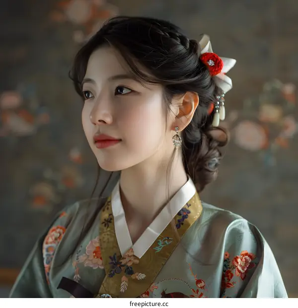 Portrait of a young woman in traditional Korean dress, or Hanbok