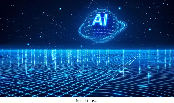 Blue glowing AI sphere over a digital landscape