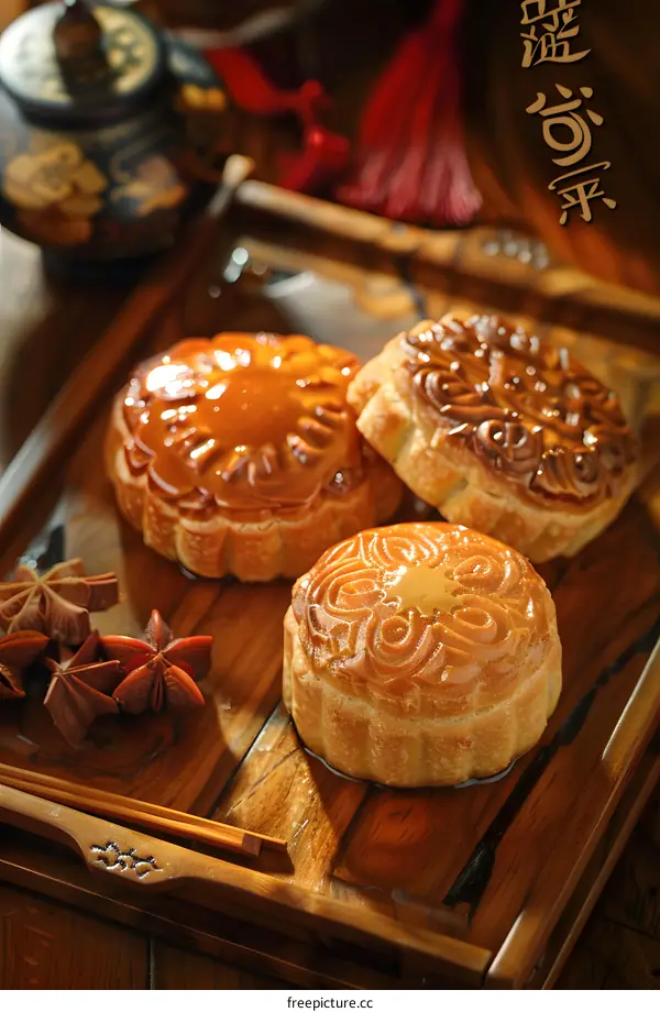 Delicious Mooncakes with Star Anise and Chopsticks