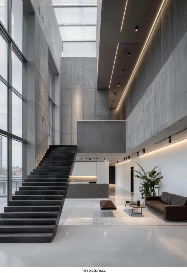 Modern Minimalist Office Workspace Interior with Stairs