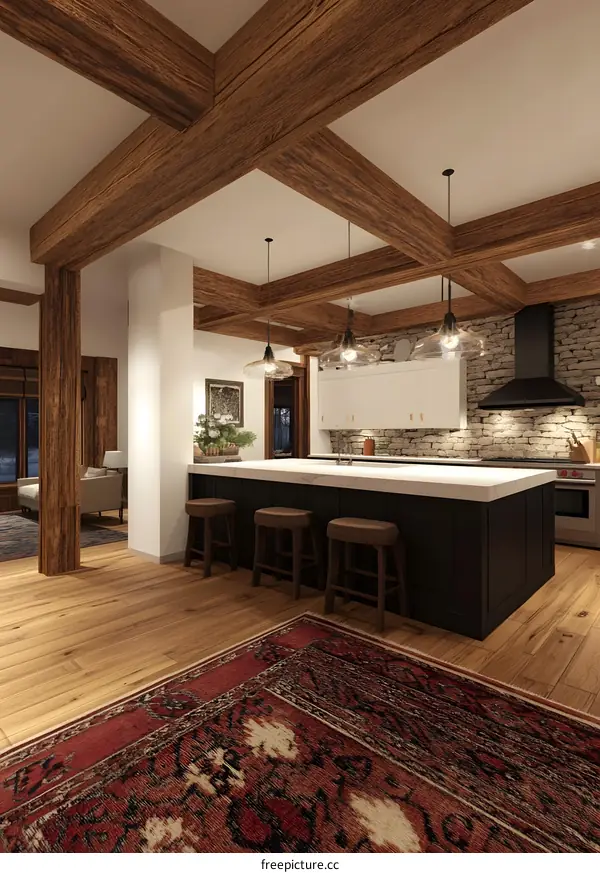 Modern Kitchen Design with Exposed Wooden Beams