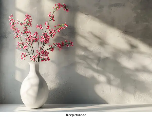 Elegant Pink Flowers in a White Vase Against a Textured Wall