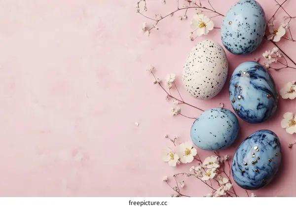 Easter Eggs Decorated with Flowers on Pink Background