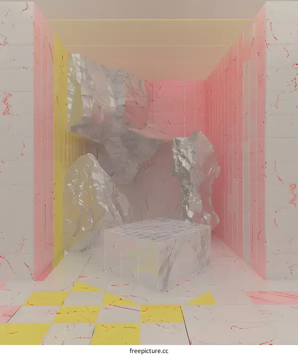 Abstract 3D Rendering of a Room with Geometric Shapes
